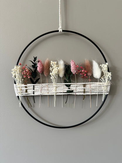 Metal ring with eucalyptus and beige, white dried flowers