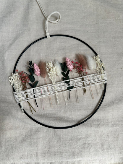 Metal ring with eucalyptus and beige, white dried flowers