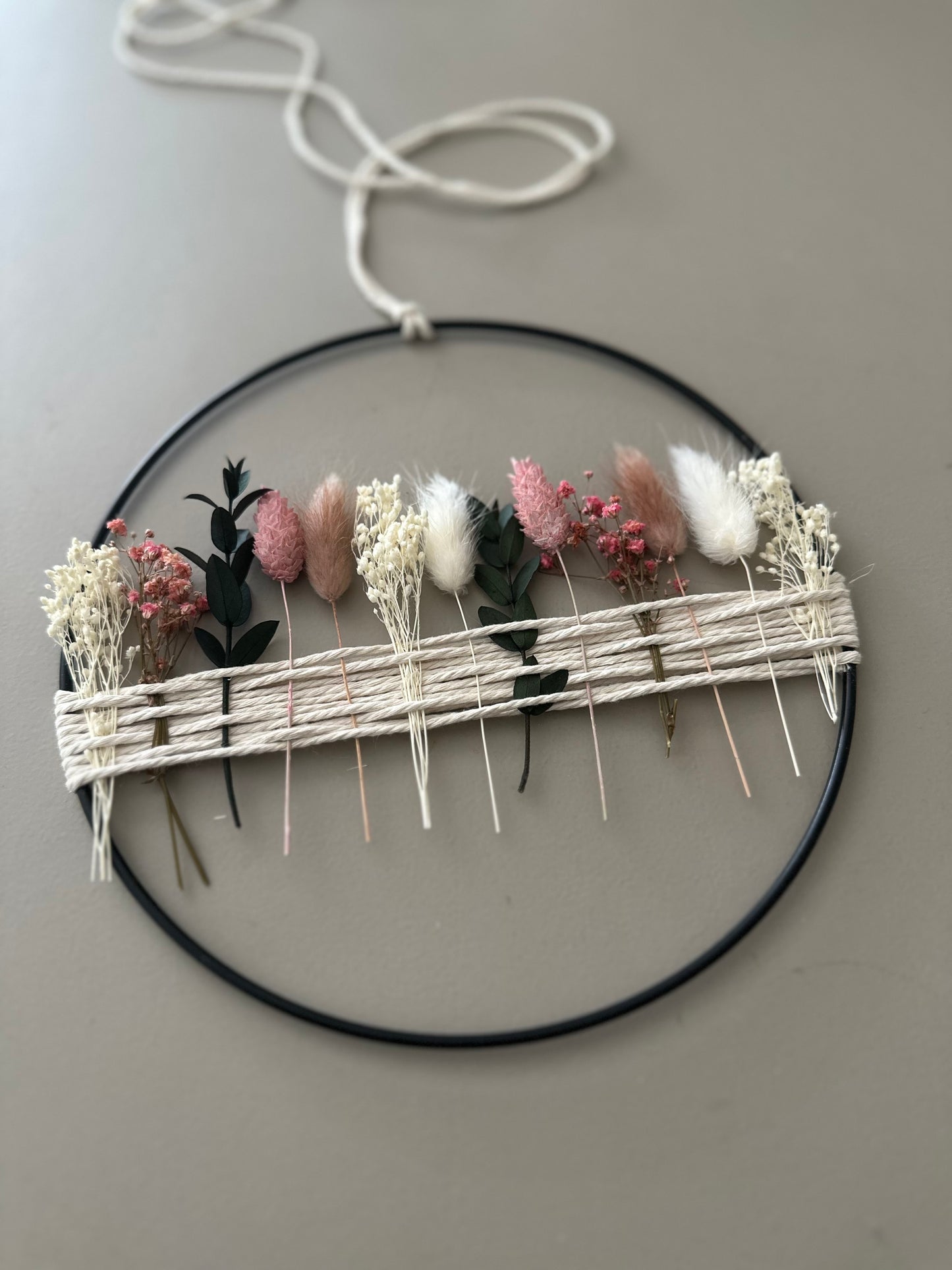 Metal ring with eucalyptus and beige, white dried flowers