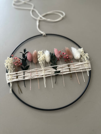 Metal ring with eucalyptus and beige, white dried flowers