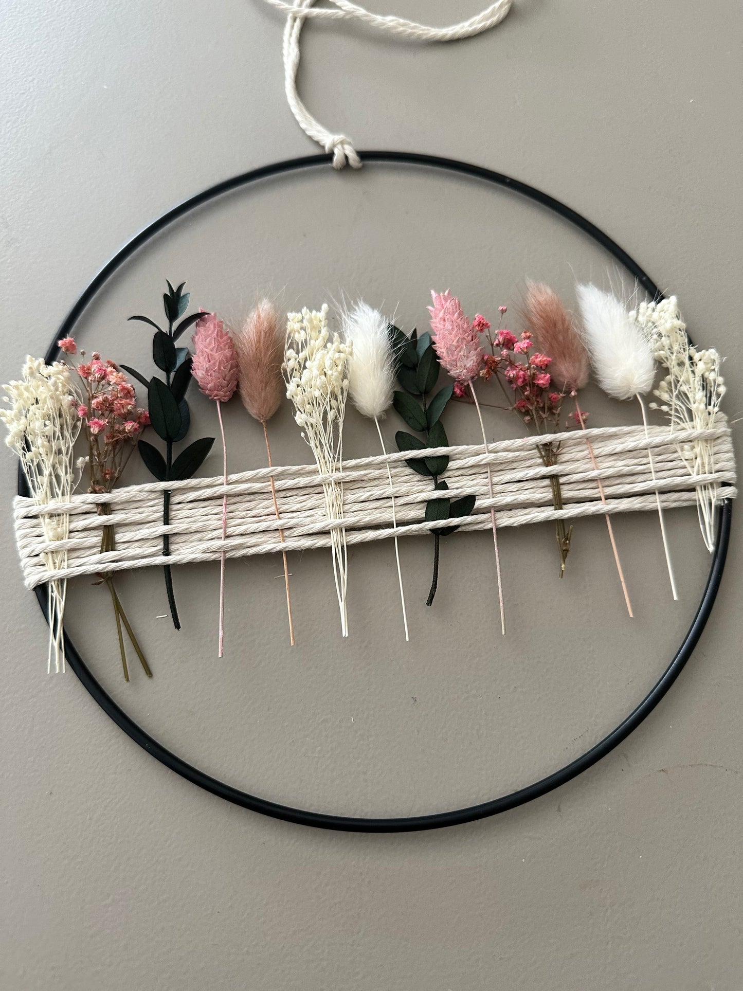 Metal ring with eucalyptus and beige, white dried flowers