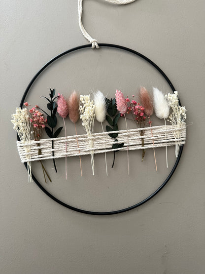 Metal ring with eucalyptus and beige, white dried flowers