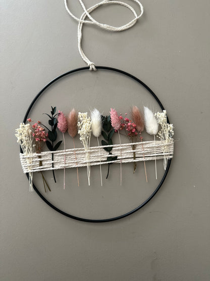 Metal ring with eucalyptus and beige, white dried flowers