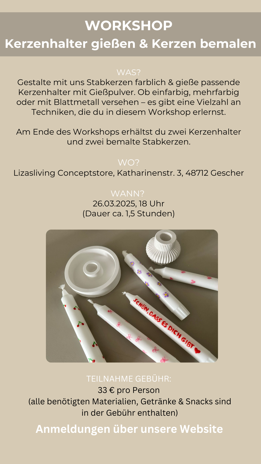 Workshop Kerzenhalter gießen & Kerzen bemalen | 26.03.2025, 18-19:30 Uhr