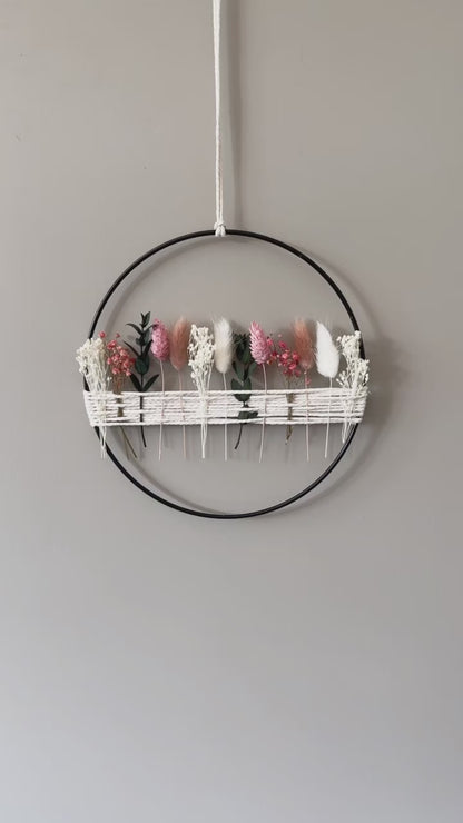 Metal ring with eucalyptus and beige, white dried flowers